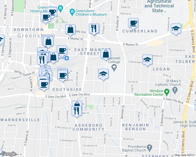 map of restaurants, bars, coffee shops, grocery stores, and more near 540 Kruze Street in Greensboro