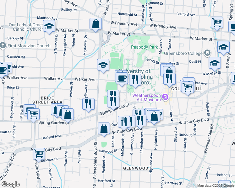 map of restaurants, bars, coffee shops, grocery stores, and more near 611 Kenilworth Street in Greensboro