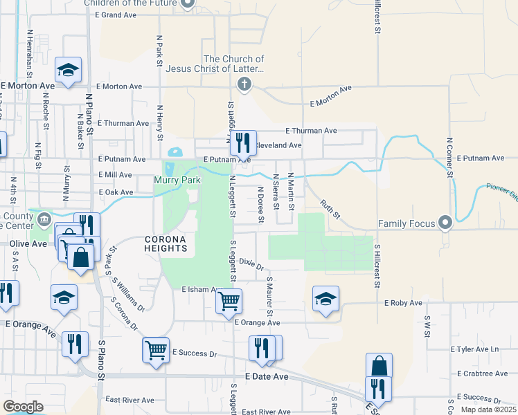 map of restaurants, bars, coffee shops, grocery stores, and more near 888 Forrester Court in Porterville