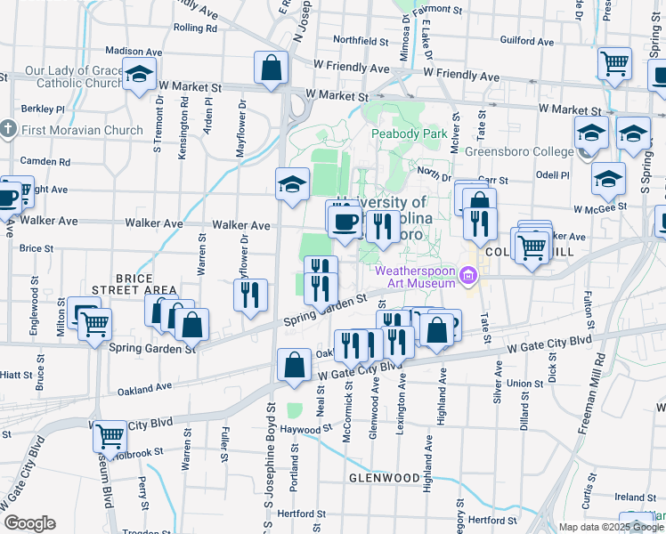 map of restaurants, bars, coffee shops, grocery stores, and more near 611 Kenilworth Street in Greensboro
