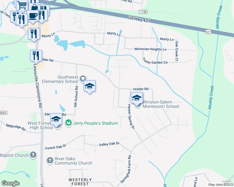 map of restaurants, bars, coffee shops, grocery stores, and more near 1608 Springfield Way Drive in Clemmons