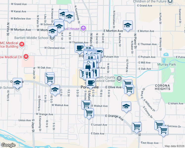 map of restaurants, bars, coffee shops, grocery stores, and more near 122 North Main Street in Porterville