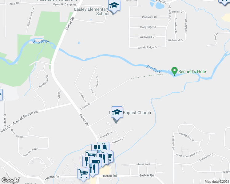 map of restaurants, bars, coffee shops, grocery stores, and more near 2433 Landis Drive in Durham