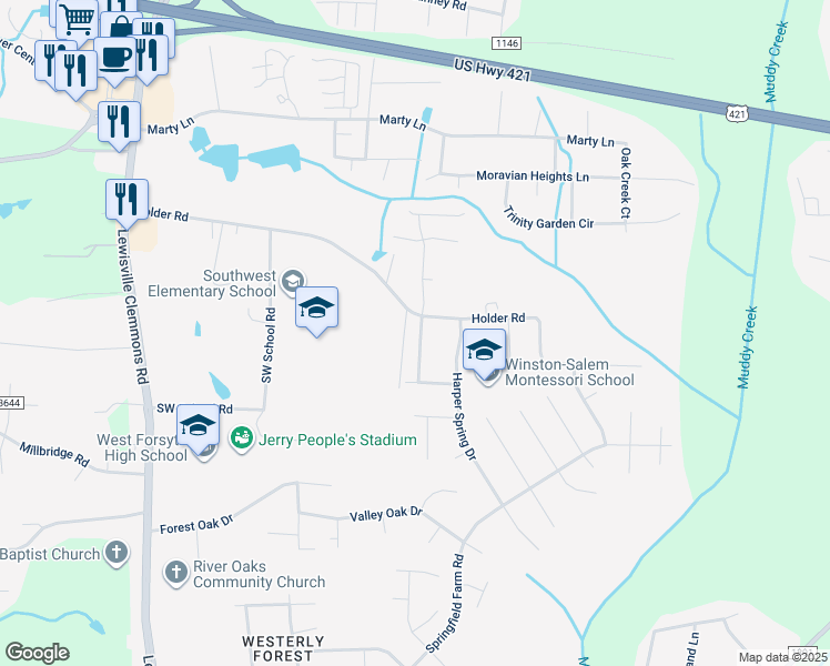 map of restaurants, bars, coffee shops, grocery stores, and more near 1608 Springfield Way Drive in Clemmons