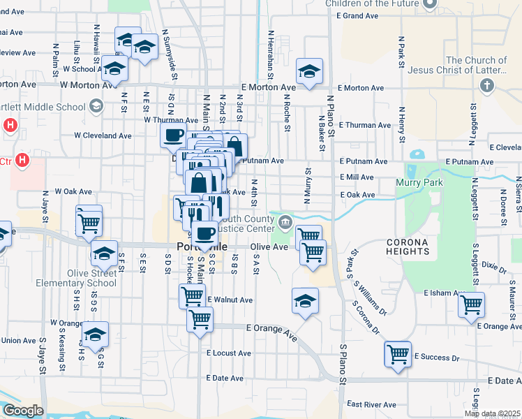 map of restaurants, bars, coffee shops, grocery stores, and more near 199 East Garden Avenue in Porterville