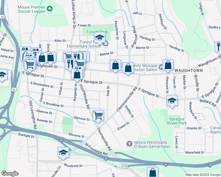 map of restaurants, bars, coffee shops, grocery stores, and more near 1036 East Sprague Street in Winston-Salem