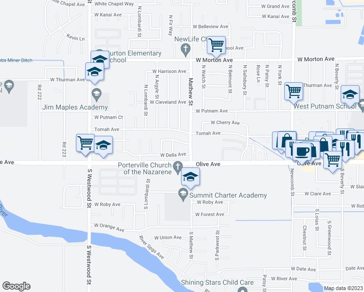 map of restaurants, bars, coffee shops, grocery stores, and more near 2031 West Garden Lane in Porterville
