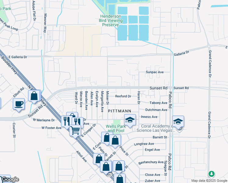 map of restaurants, bars, coffee shops, grocery stores, and more near 1937 Sunset Circle in Henderson
