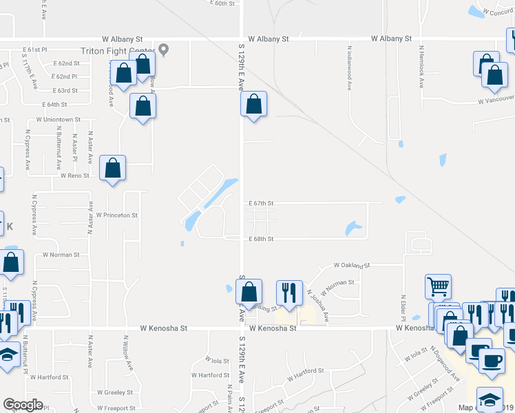 map of restaurants, bars, coffee shops, grocery stores, and more near 3412 West Queens Street in Broken Arrow