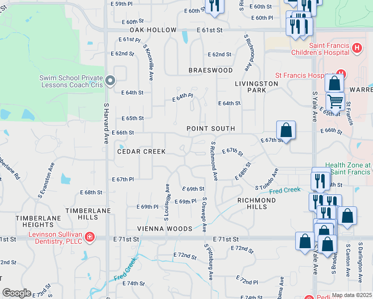 map of restaurants, bars, coffee shops, grocery stores, and more near 6601 South New Haven Avenue in Tulsa