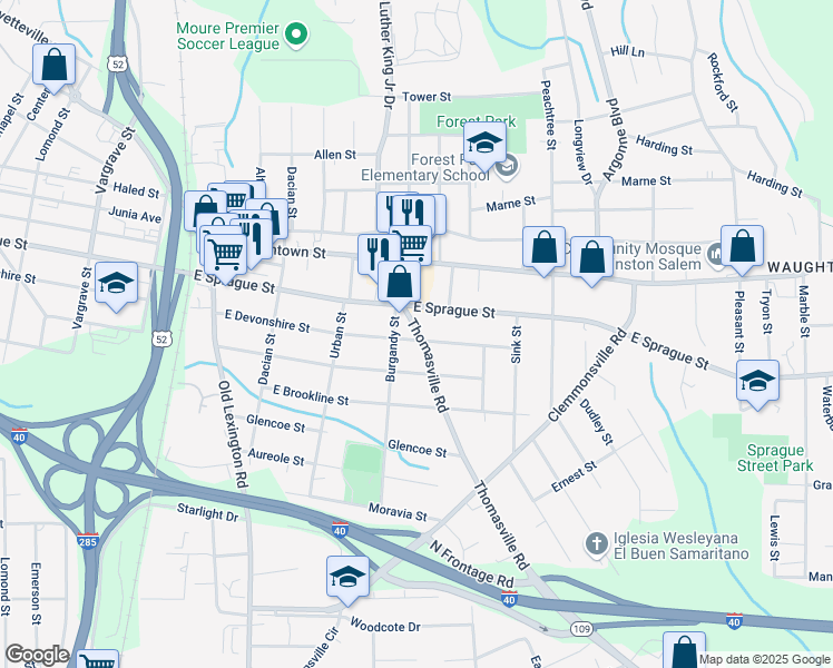 map of restaurants, bars, coffee shops, grocery stores, and more near 920 East Sprague Street in Winston-Salem