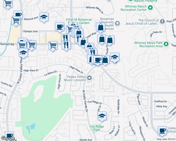 map of restaurants, bars, coffee shops, grocery stores, and more near 69 Chablis Drive in Henderson