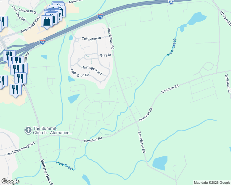 map of restaurants, bars, coffee shops, grocery stores, and more near 313 McClellan Trail in Mebane