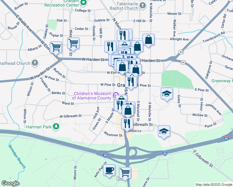 map of restaurants, bars, coffee shops, grocery stores, and more near in Graham