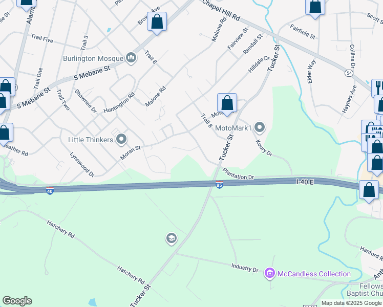 map of restaurants, bars, coffee shops, grocery stores, and more near 2407 Ashton Park Lane in Burlington