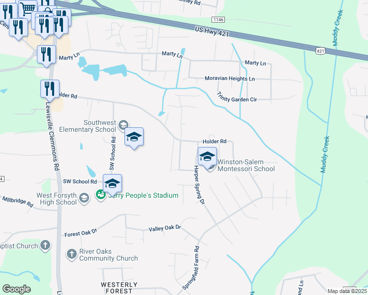 map of restaurants, bars, coffee shops, grocery stores, and more near 1605 Springfield Way Drive in Clemmons