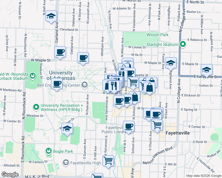 map of restaurants, bars, coffee shops, grocery stores, and more near in Fayetteville