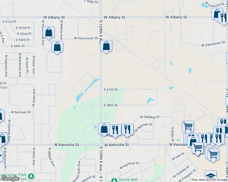 map of restaurants, bars, coffee shops, grocery stores, and more near 13003 East 67th Street in Broken Arrow