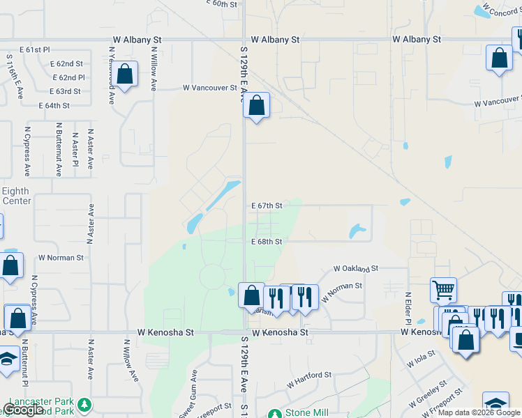 map of restaurants, bars, coffee shops, grocery stores, and more near 13003 East 67th Street in Broken Arrow