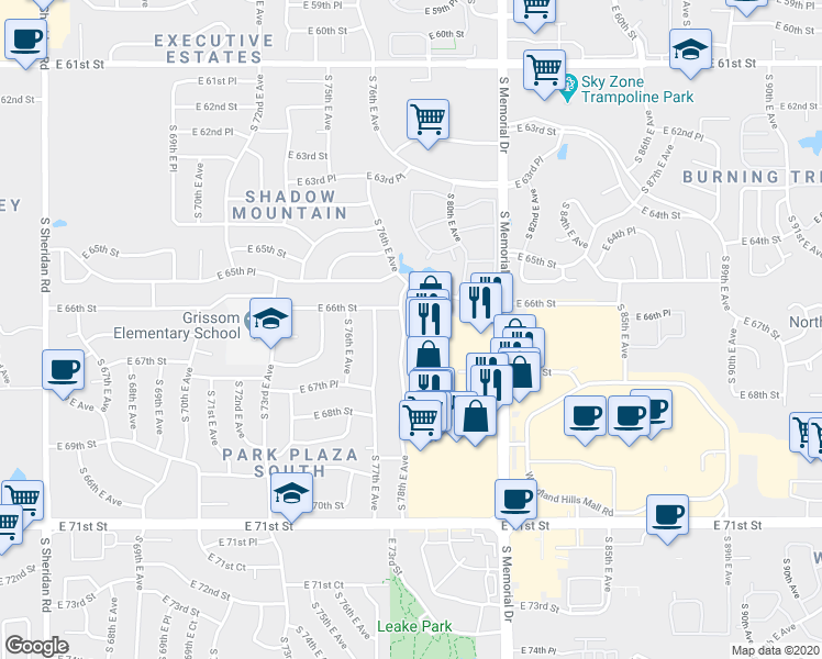 map of restaurants, bars, coffee shops, grocery stores, and more near 6613 South 78th East Avenue in Tulsa