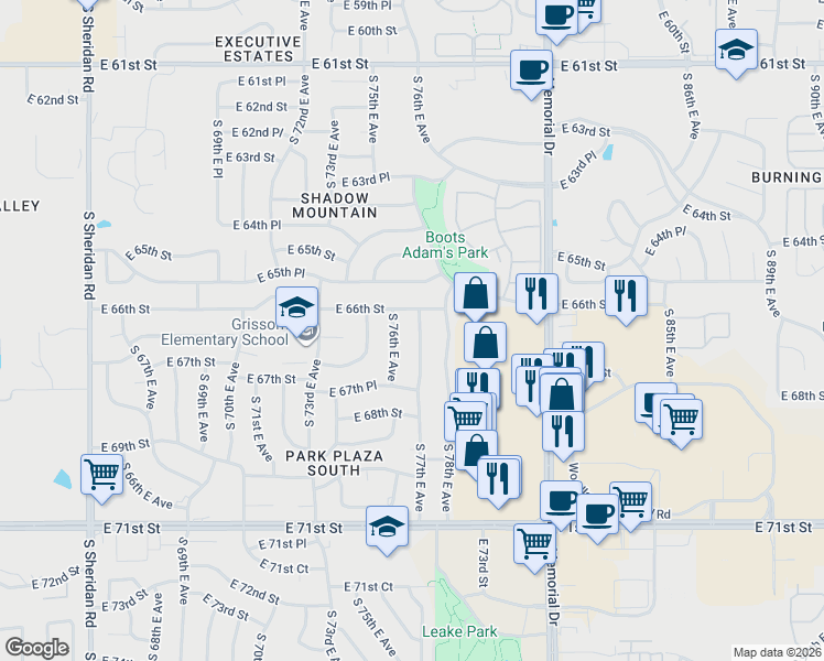 map of restaurants, bars, coffee shops, grocery stores, and more near 6605 South 76th East Avenue in Tulsa