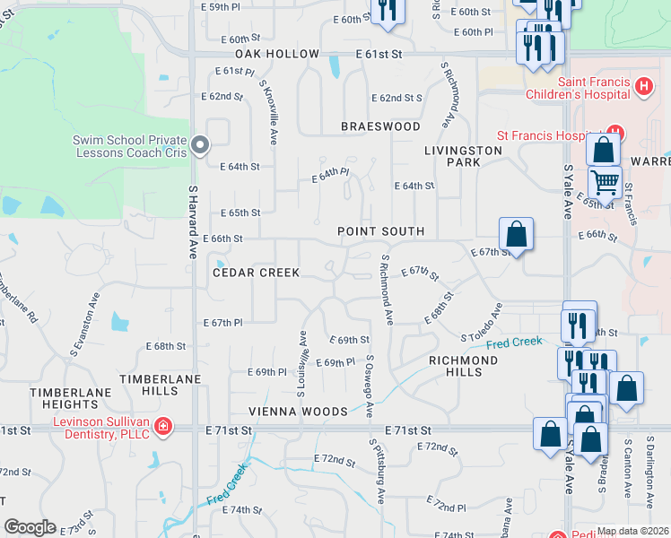 map of restaurants, bars, coffee shops, grocery stores, and more near 6601 South New Haven Avenue in Tulsa