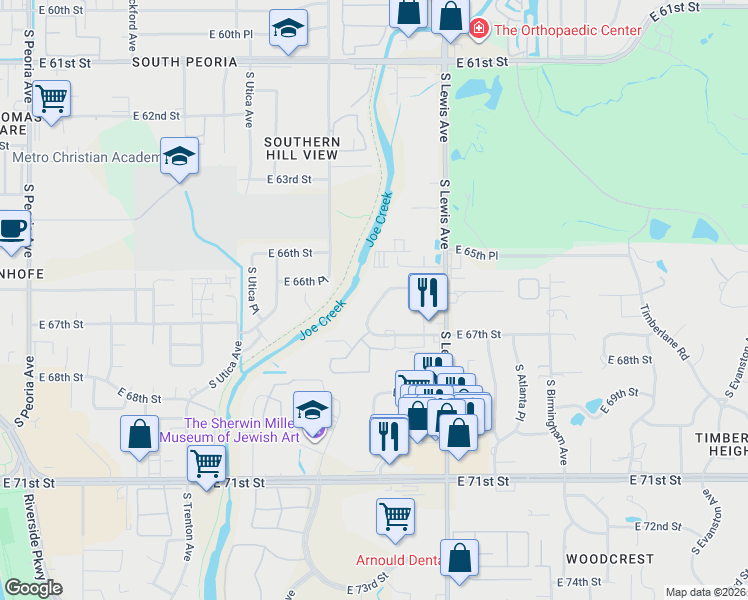 map of restaurants, bars, coffee shops, grocery stores, and more near 6620 South Zunis Avenue in Tulsa