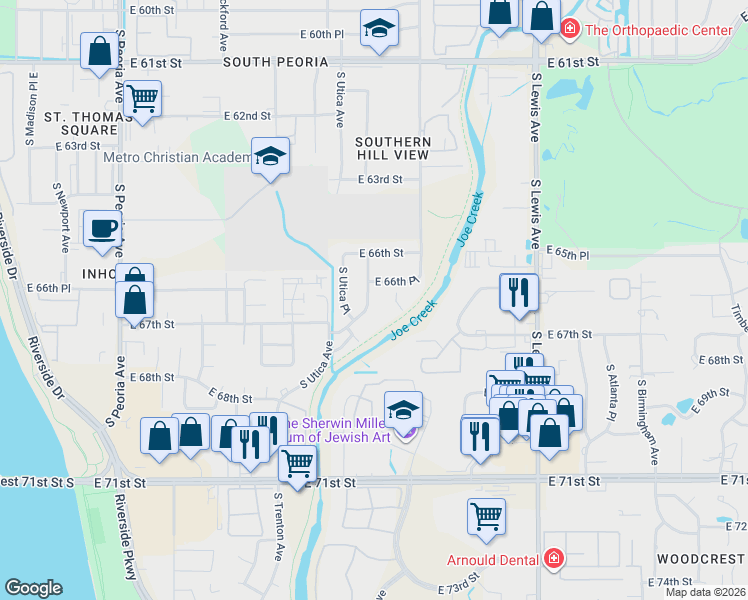 map of restaurants, bars, coffee shops, grocery stores, and more near 6634 South Victor Avenue in Tulsa