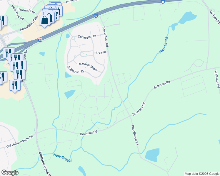 map of restaurants, bars, coffee shops, grocery stores, and more near 309 McClellan Trail in Mebane