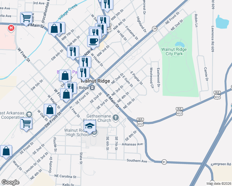 map of restaurants, bars, coffee shops, grocery stores, and more near 224 Northeast 3rd Street in Walnut Ridge
