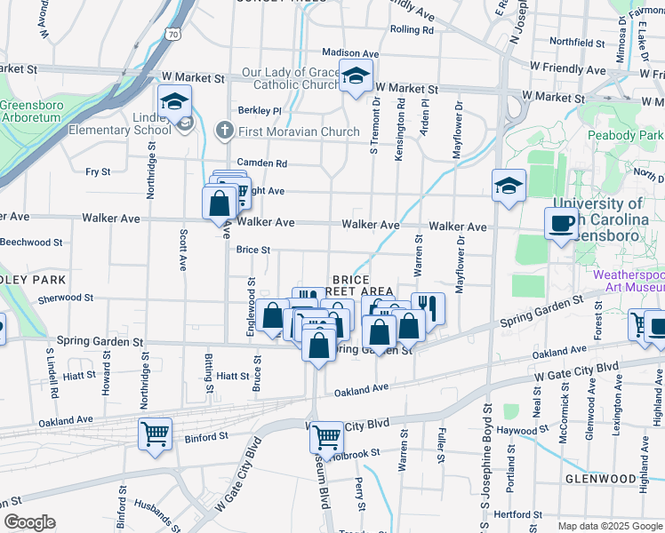 map of restaurants, bars, coffee shops, grocery stores, and more near 609 South Chapman Street in Greensboro
