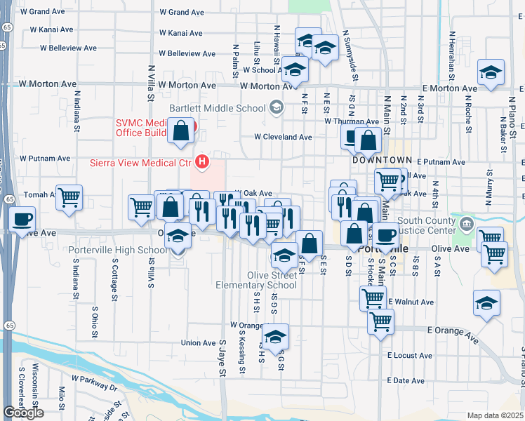 map of restaurants, bars, coffee shops, grocery stores, and more near 84 North H Street in Porterville