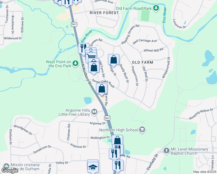 map of restaurants, bars, coffee shops, grocery stores, and more near 16 Riverwalk Terrace in Durham