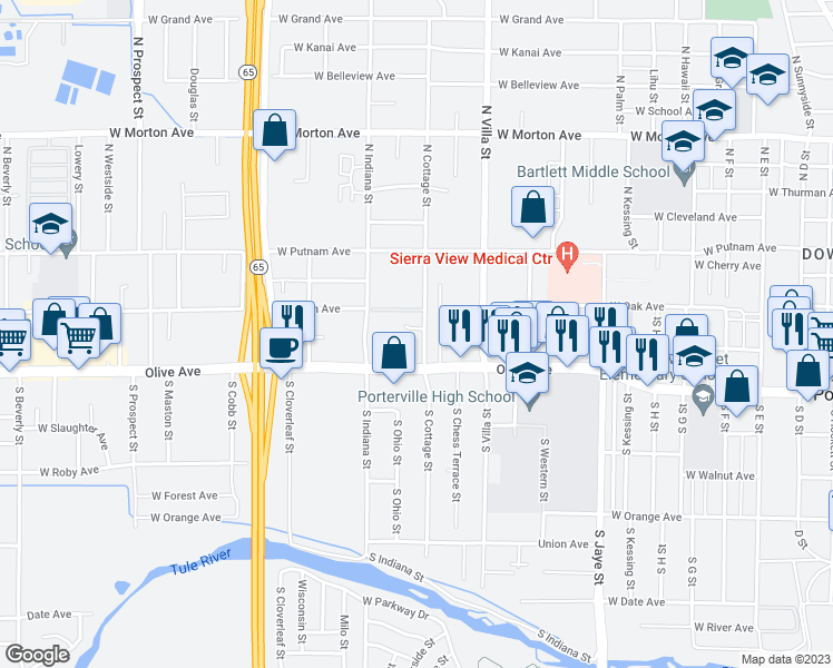 map of restaurants, bars, coffee shops, grocery stores, and more near 55 North Cottage Street in Porterville