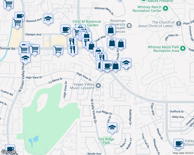 map of restaurants, bars, coffee shops, grocery stores, and more near 69 Chablis Drive in Henderson
