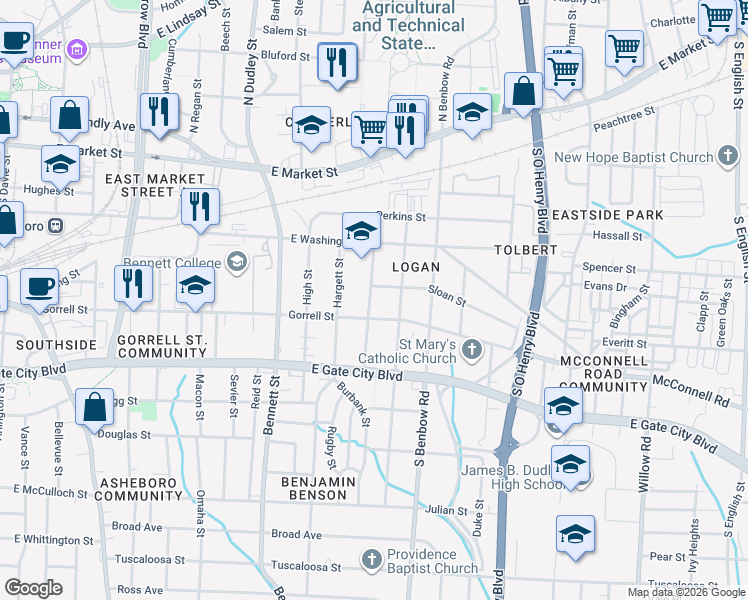 map of restaurants, bars, coffee shops, grocery stores, and more near 1208 Sloan Street in Greensboro