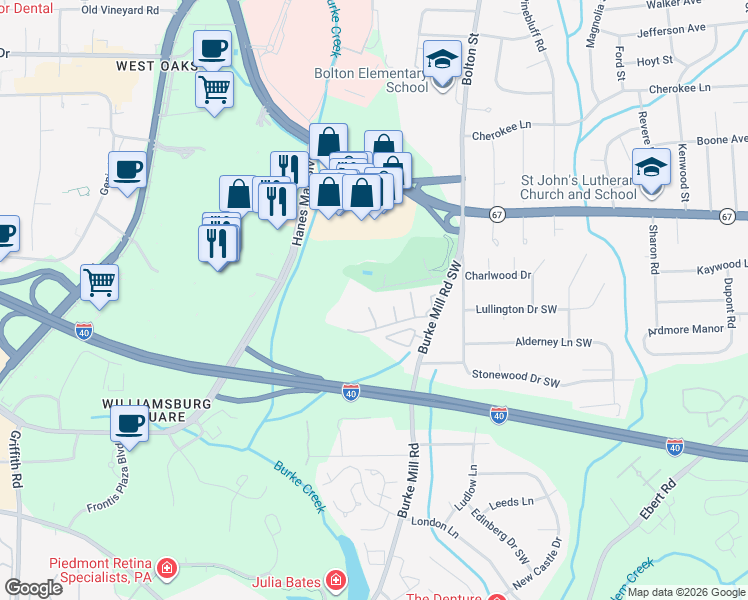 map of restaurants, bars, coffee shops, grocery stores, and more near 2942 Saint Marks Road Southwest in Winston-Salem