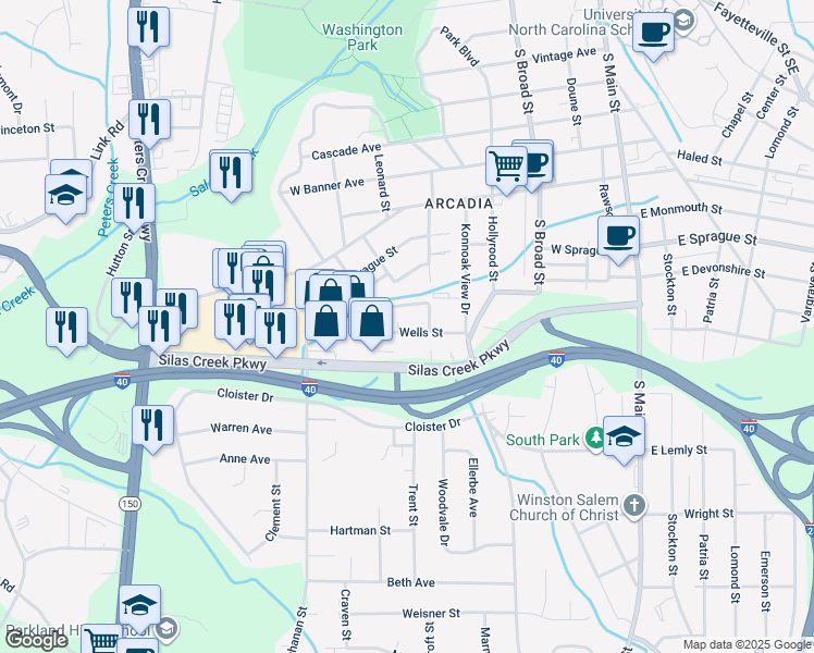 map of restaurants, bars, coffee shops, grocery stores, and more near 523 Wells Street in Winston-Salem