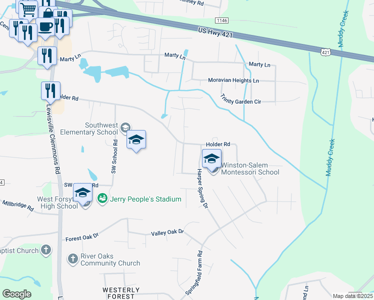 map of restaurants, bars, coffee shops, grocery stores, and more near 1605 Springfield Way Drive in Clemmons