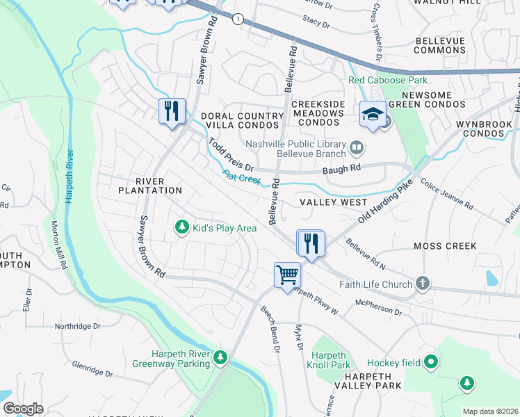 map of restaurants, bars, coffee shops, grocery stores, and more near 101 James Milton Court in Nashville