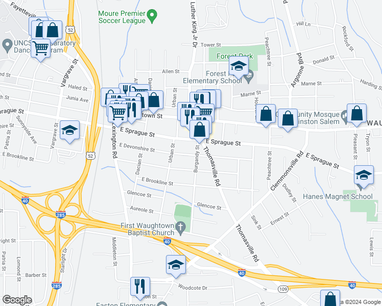map of restaurants, bars, coffee shops, grocery stores, and more near 837 East Devonshire Street in Winston-Salem