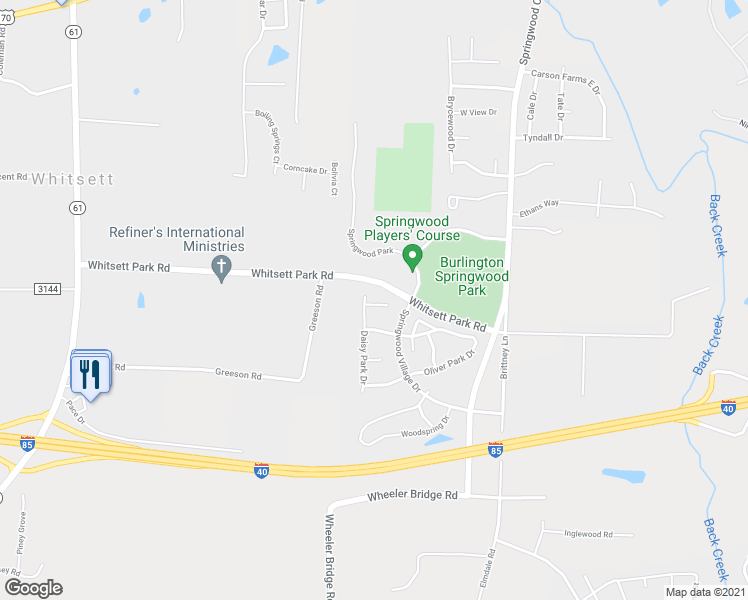 map of restaurants, bars, coffee shops, grocery stores, and more near 7308 Green Park in Whitsett