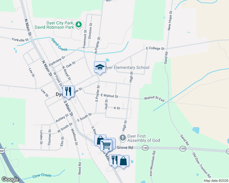 map of restaurants, bars, coffee shops, grocery stores, and more near 207 Central St in Dyer