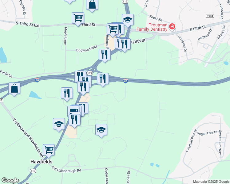 map of restaurants, bars, coffee shops, grocery stores, and more near 198 Spring Forest Drive in Mebane