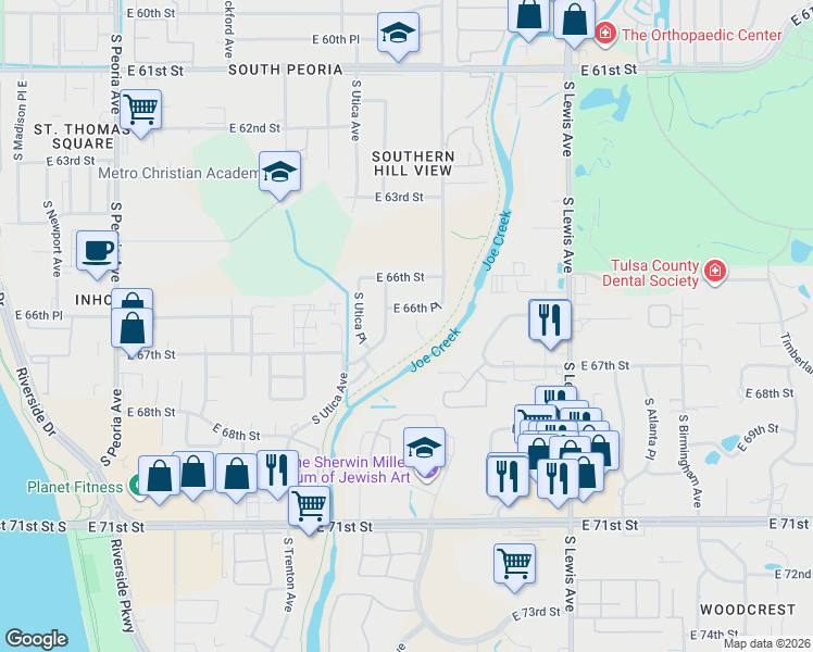 map of restaurants, bars, coffee shops, grocery stores, and more near 1802 East 66th Place in Tulsa