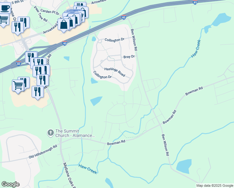 map of restaurants, bars, coffee shops, grocery stores, and more near 108 Wilderness Court in Mebane