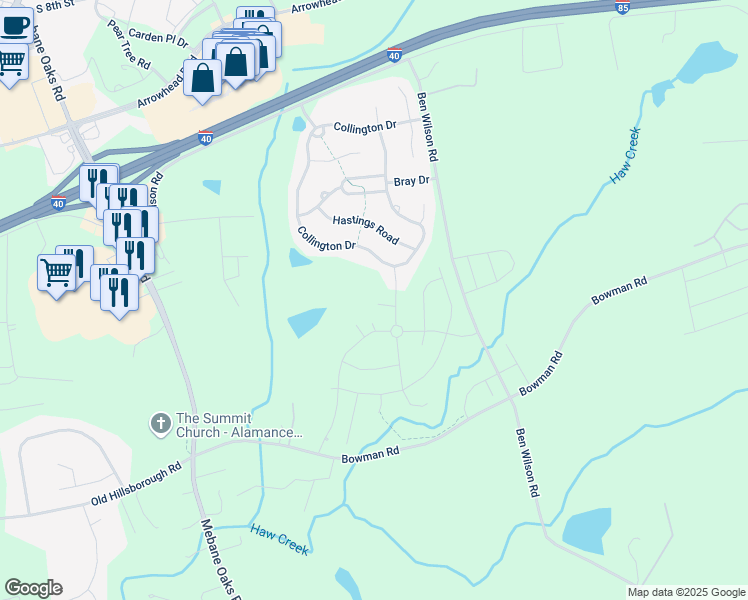map of restaurants, bars, coffee shops, grocery stores, and more near 108 Wilderness Court in Mebane