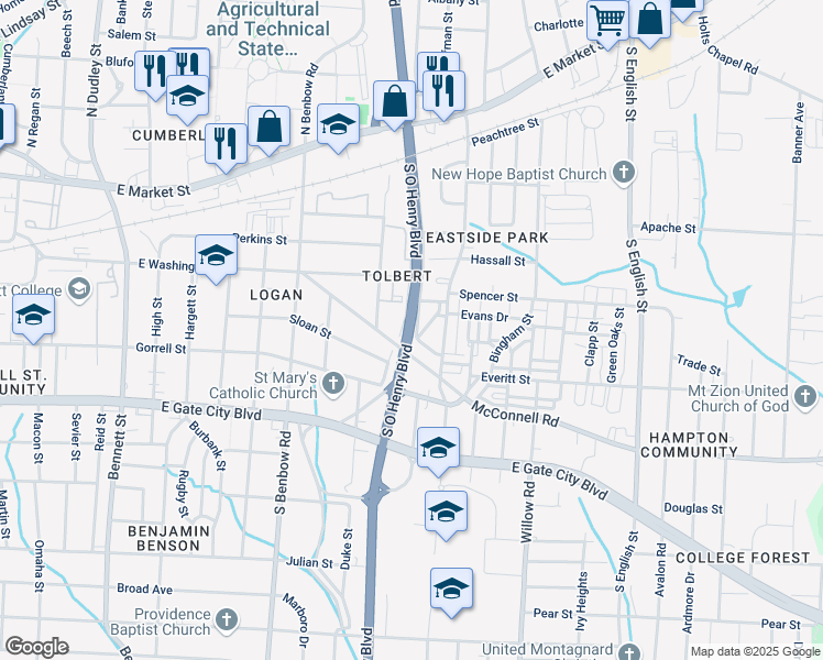 map of restaurants, bars, coffee shops, grocery stores, and more near 503 South Ohenry Boulevard in Greensboro