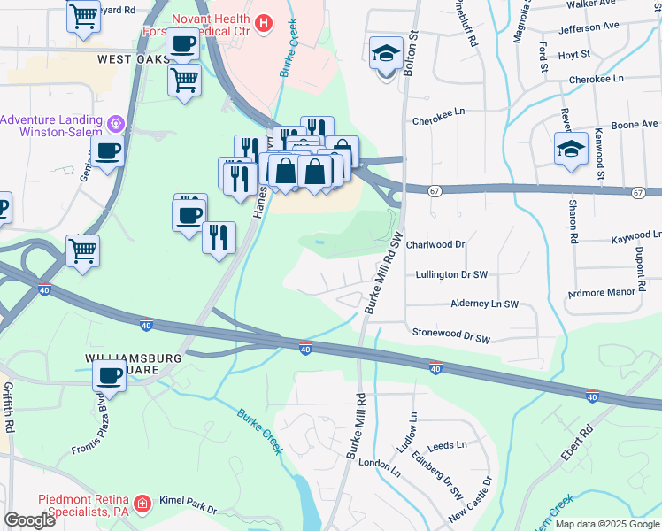 map of restaurants, bars, coffee shops, grocery stores, and more near 2942 Saint Marks Road Southwest in Winston-Salem