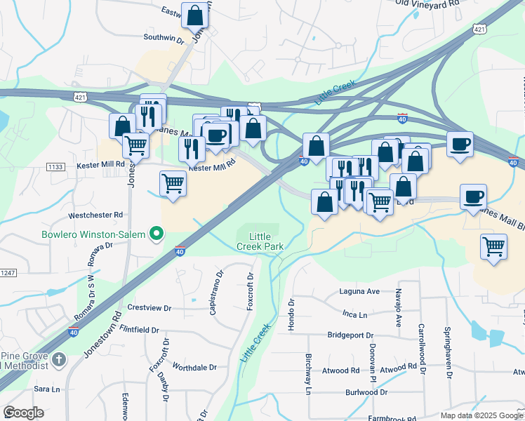 map of restaurants, bars, coffee shops, grocery stores, and more near Hanes Mall Boulevard in Winston-Salem